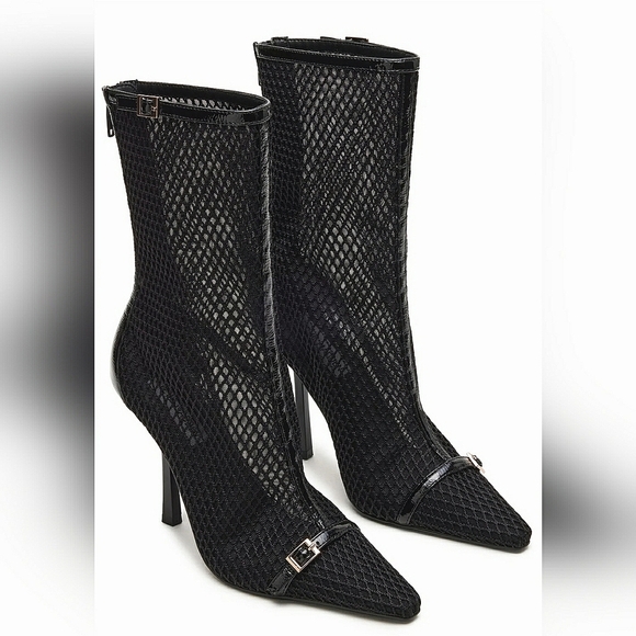 Whimsigoth Black Granny Stiletto  Buckle Mesh Witchy Pointed Toe Stylish Booties - Picture 1 of 7